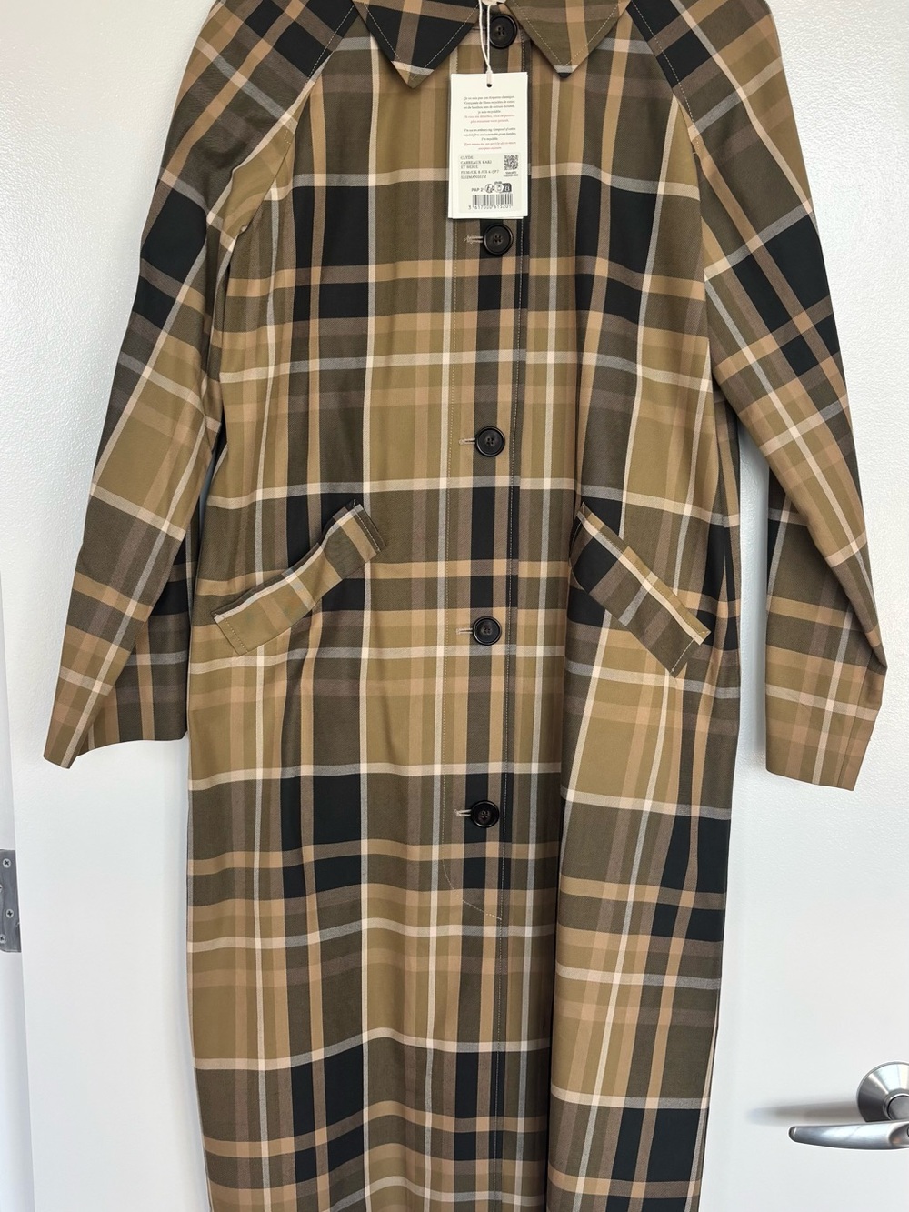 NWT Clyde Trench Coat in Beige and Moss Green Checks Size 4/36 - Picture 5 of 10